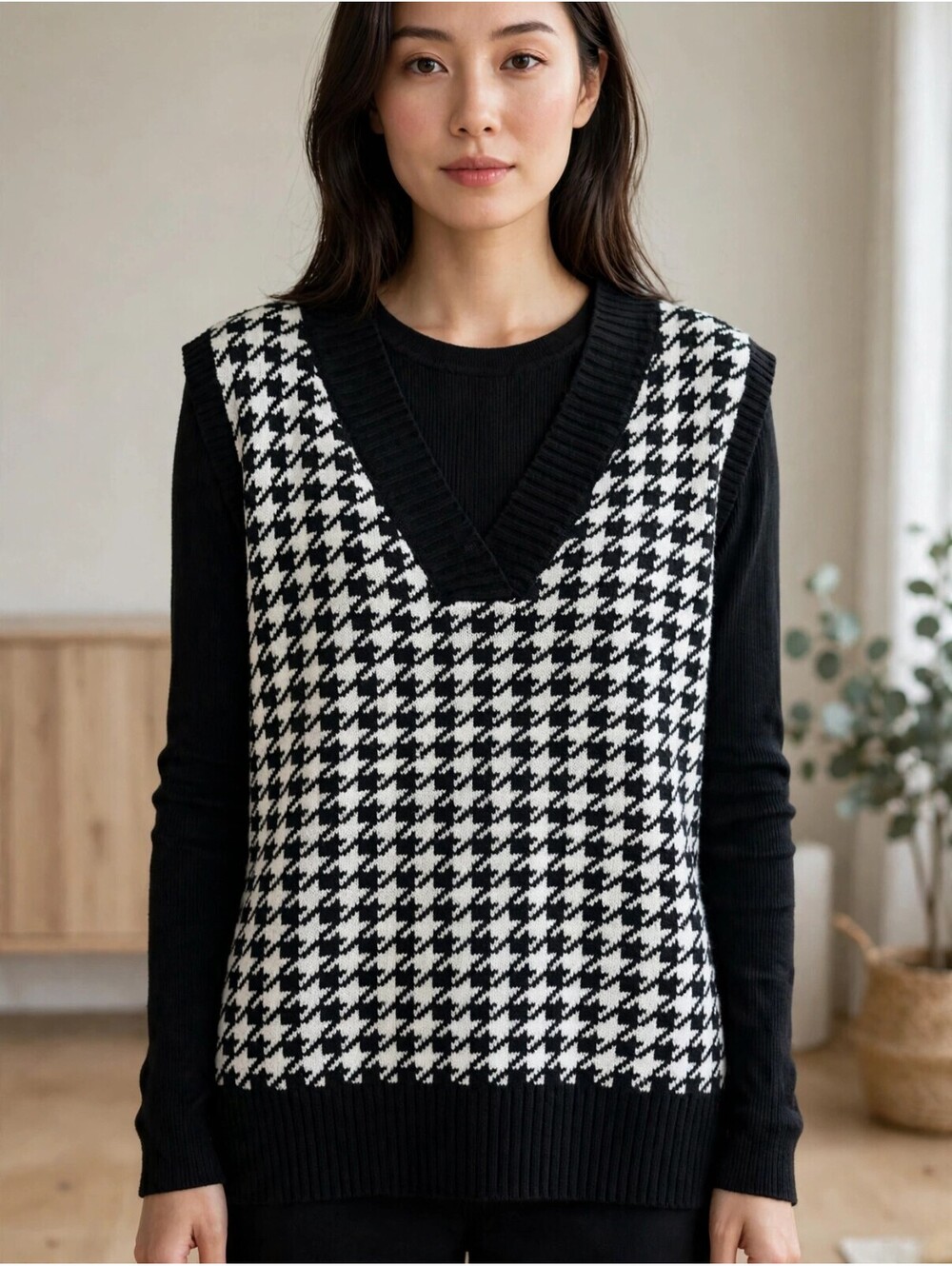 Black and White Houndstooth Knit Sweater Vest V Neck Sleeveless Size XL